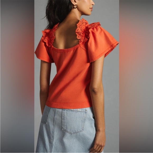 Pilcro Anthropologie Eyelet Ruffle Shoulder Knit Top Blood Orange Women’s Medium - Picture 8 of 10